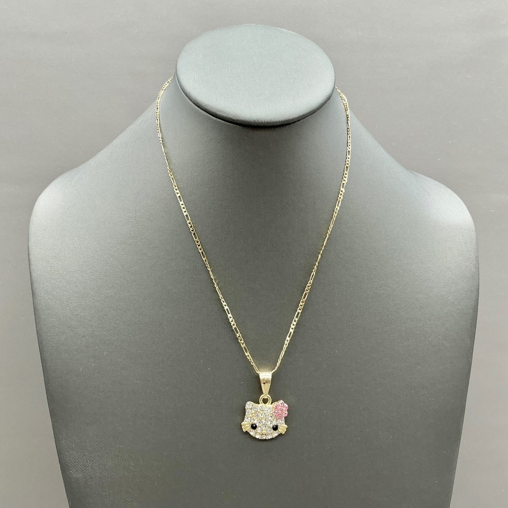 Hello Kitty Necklace Women Gold Tone Rhinestone Crystal Pendant Figaro Chain 18"